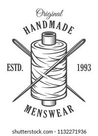 Vintage monochrome tailor emblem with sewing spool and crossed needles isolated vector illustration