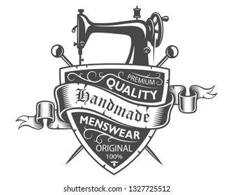 Vintage monochrome tailor label with sewing machine crossed needles and inscriptions isolated vector illustration