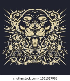 Vintage monochrome tattoo concept with aggressive black panther head tattoo machines brass knuckles isolated vector illustration