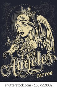 Vintage monochrome tattoo festival poster with Los Angeles inscription male hand getting flowers tattoo on shoulder of beautiful girl in royal crown with angel wing vector illustration