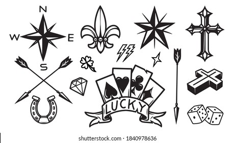 Vintage monochrome tattoo icons set with dice crosses arrows horseshoe clover compass diamond lightnings playing cards ribbon with lucky inscription isolated vector illustration