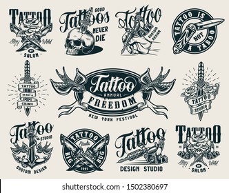 Vintage monochrome tattoo studio badges with crossed military knives tattoo machines skull pierced with dagger anchor flying swallows roses isolated vector illustration