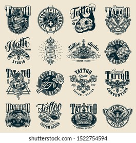 Vintage monochrome tattoo studio labels with scary insects diamond crown cat skull cross spider medieval keys dice skeleton hand holding rose snake entwined with skull isolated vector illustration