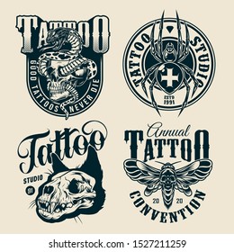 Vintage monochrome tattoo studio labels with snake entwined with skull cross spider spooky cat skull scary death head moth isolated vector illustration