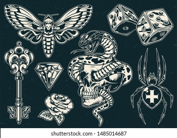 Vintage monochrome tattoos collection with beautiful rose butterfly filigree medieval key cross spider dices diamond entwined snake and skull isolated vector illustration