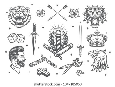 Vintage monochrome tattoos composition with angry animals heads swords hipster barber elements royal crown dice crossed arrows flowers isolated vector illustration