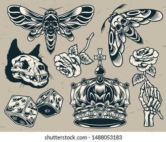 Vintage monochrome tattoos set with cat skull royal crown scary dices skeleton hand holding rose scary bee and wasp isolated vector illustration