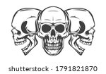 Vintage monochrome three human skull isolated on white background. Hand drawn design element template for emblem, print, cover, poster. Vector illustration.