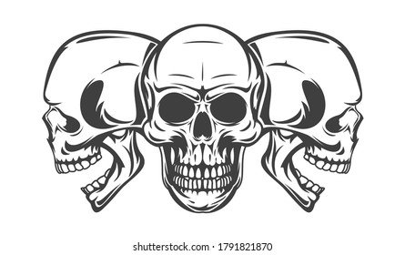 Vintage monochrome three human skull isolated on white background. Hand drawn design element template for emblem, print, cover, poster. Vector illustration.