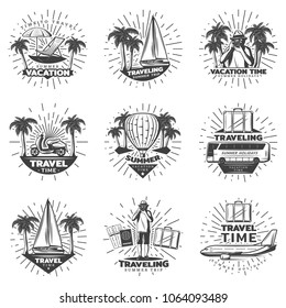 Vintage monochrome traveling labels set with traveler vehicles vacation elements baggage palm trees sunbursts isolated vector illustration