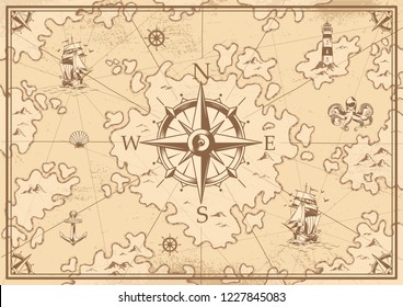 Vintage monochrome treasure map concept with navigational compass lighthouse ship octopus seashell anchor wheel islands vector illustration