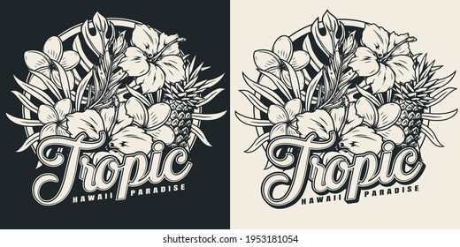 Vintage-monochrome tropische Embleme mit Ananas-Hibiscus und Frangipani-Blumen Palmen und Monstera-Blätter einzelne Vektorgrafik