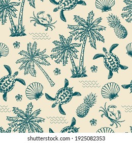 Vintage monochrome tropical seamless pattern with exotic flowers palm trees sea waves pineapples turtles seashells crabs vector illustration