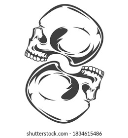 Vintage monochrome two human skulls isolated on white background. Hand drawn design element template for emblem, print, cover, poster. Vector illustration.