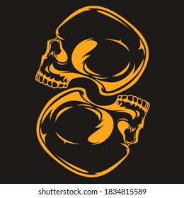 Vintage monochrome two human skulls isolated on black background. Hand drawn design element template for emblem, print, cover, poster. Vector illustration.