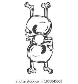 Vintage monochrome two human skulls and bones isolated on white background. Hand drawn design element template for emblem, print, cover, poster. Vector illustration.