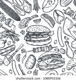 Vintage monochrome vector engraving Seamless pattern barbecue grill. Top view with charcoal, mushroom, tomato, pepper, sausage, lemon, kebab, fish and beef steak.