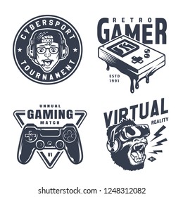 Vintage Monochrome Video Game Logos With Gamer Wearing Headphones Pocket Console Joystick Angry Gorilla In Virtual Reality Headset Isolated Vector Illustration