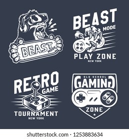 Vintage monochrome videogame prints with joystick retro gamepad gorilla in virtual reality headset monkey hand holding game controller isolated vector illustration