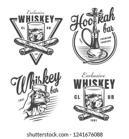 Vintage monochrome whiskey bar emblems with glass of whisky ice cubes crossed cigars and hookah isolated vector illustration