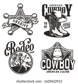 Vintage monochrome wild west emblems with sheriff badge star cowboy hat boots saloon swinging doors rider and horse isolated vector illustration