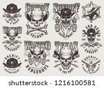 Vintage monochrome wild west labels set with skulls in cowboy hat sheriff badge crossed bones pistols arrows isolated vector illustration