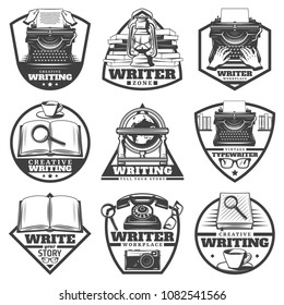Vintage monochrome writer labels set with typewriter oli lamp books magnifier coffee globe eyeglasses camera telephone isolated vector illustration