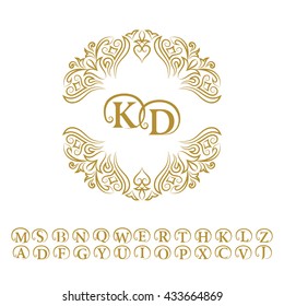 Vintage monogram. Abstract logo, alphabet. Letter emblem K, D. Line art ornament for design template. Outline circle pattern for wedding invitations, greeting cards, certificate. Vector golden frame