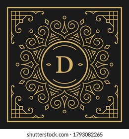 Vintage monogram alphabet letter D with decorative flourish ornament frame. Ancient capital letter monogram and filigree ornate border. Fancy victorian engraved initials vector symbol.