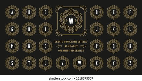 Vintage monogram alphabet letter with decorative flourish ornament frame. Ancient capital letters monograms and filigree ornate border. Fancy victorian engraved initials vector symbols set.