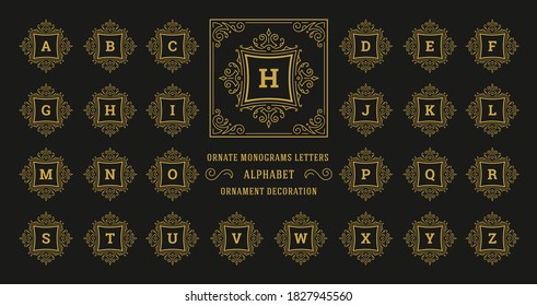 Vintage Monogram Alphabet Letter With Decorative Flourish Ornament Frame. Ancient Capital Letters Monograms And Filigree Ornate Border. Fancy Victorian Engraved Initials Vector Symbols Set.