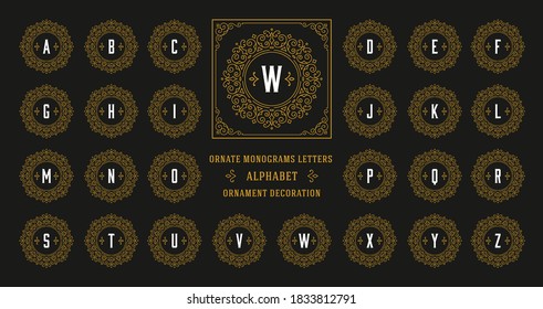 Vintage monogram alphabet letter with decorative flourish ornament frame. Ancient capital letters monograms and filigree ornate border. Fancy victorian engraved initials vector symbols set.