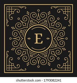 Vintage monogram alphabet letter E with decorative flourish ornament frame. Ancient capital letter monogram and filigree ornate border. Fancy victorian engraved initials vector symbol.