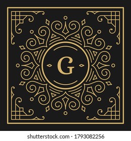 Vintage monogram alphabet letter G with decorative flourish ornament frame. Ancient capital letter monogram and filigree ornate border. Fancy victorian engraved initials vector symbol.