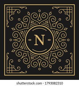 Vintage monogram alphabet letter N with decorative flourish ornament frame. Ancient capital letter monogram and filigree ornate border. Fancy victorian engraved initials vector symbol.