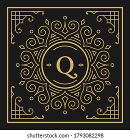 Vintage monogram alphabet letter Q with decorative flourish ornament frame. Ancient capital letter monogram and filigree ornate border. Fancy victorian engraved initials vector symbol.