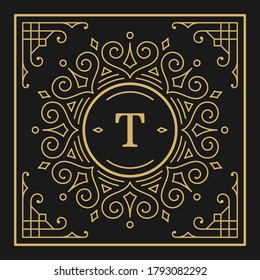 Vintage monogram alphabet letter T with decorative flourish ornament frame. Ancient capital letter monogram and filigree ornate border. Fancy victorian engraved initials vector symbol.