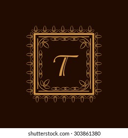 Vintage monogram design with English Alphabet T in artistic floral pattern decorated square shaped frame on brown background.
