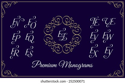 Vintage monogram design template with combinations of capital letters EN EO EP EQ ER ES ET EU EV EW EX EY EZ. Vector illustration.