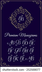 Vintage monogram design template with combinations of capital letters BA BB BC BD BE BF BG BH BI BJ BK BL BM. Vector illustration.