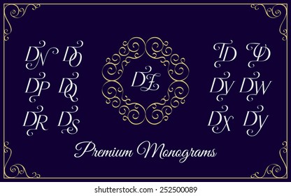 Vintage monogram design template with combinations of capital letters DN DO DP DQ DR DS DT DU DV DW DX DY DZ. Vector illustration.