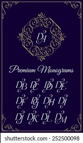 Vintage monogram design template with combinations of capital letters DA DB DC DD DE DF DG DH DI DJ DK DL DM. Vector illustration.