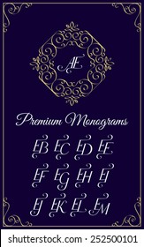 Vintage monogram design template with combinations of capital letters EA EB EC ED EE EF EG EH EI EJ EK EL EM. Vector illustration.