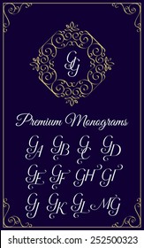 Vintage monogram design template with combinations of capital letters GA GB GC GD GE GF GG GH GI GJ GK GL GM. Vector illustration.