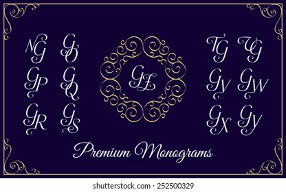 Vintage monogram design template with combinations of capital letters GN GO GP GQ GR GS GT GU GV GW GX GY GZ. Vector illustration.