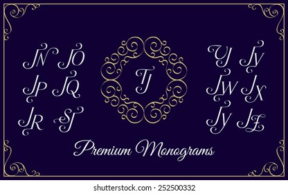 Vintage monogram design template with combinations of capital letters JN JO JP JQ JR JS JT JU JV JW JX JY JZ. Vector illustration.