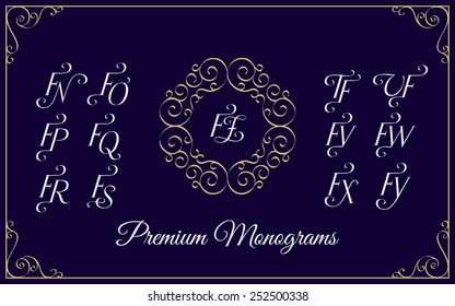 Vintage monogram design template with combinations of capital letters FN FO FP FQ FR FS FT FU FV FW FX FY FZ. Vector illustration.