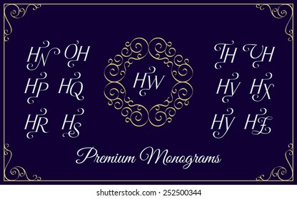 Vintage monogram design template with combinations of capital letters HN HO HP HQ HR HS HT HU HV HW HX HY HZ. Vector illustration.