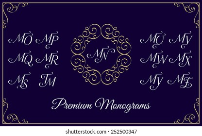 Vintage monogram design template with combinations of capital letters MN MO MP MQ MR MS MT MU MV MW MX MY MZ. Vector illustration.