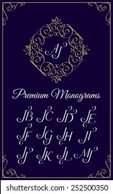 Vintage monogram design template with combinations of capital letters JA JB JC JD JE JF JG JH JI JJ JK JL JM. Vector illustration.